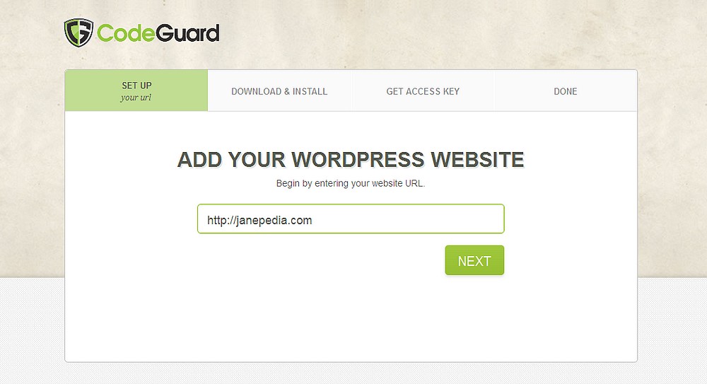 Screenshot of CodeGuard WordPress method prompting user to enter website URL