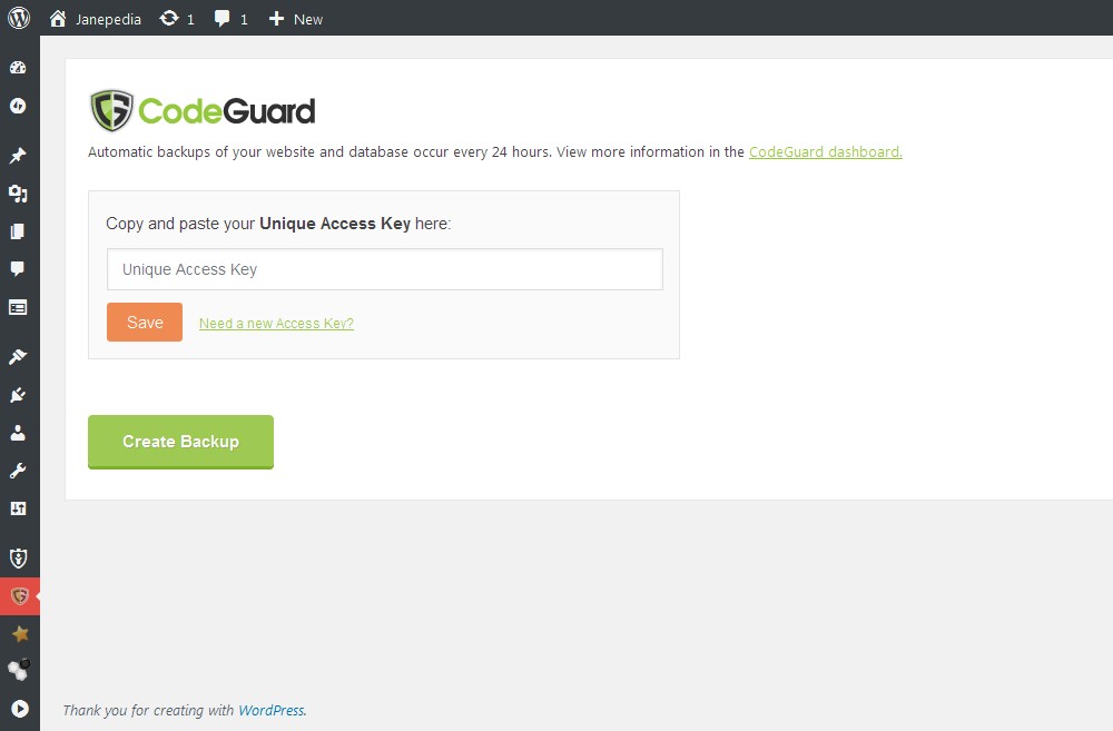 Screenshot of CodeGuard plugin page from a WordPress dashboard