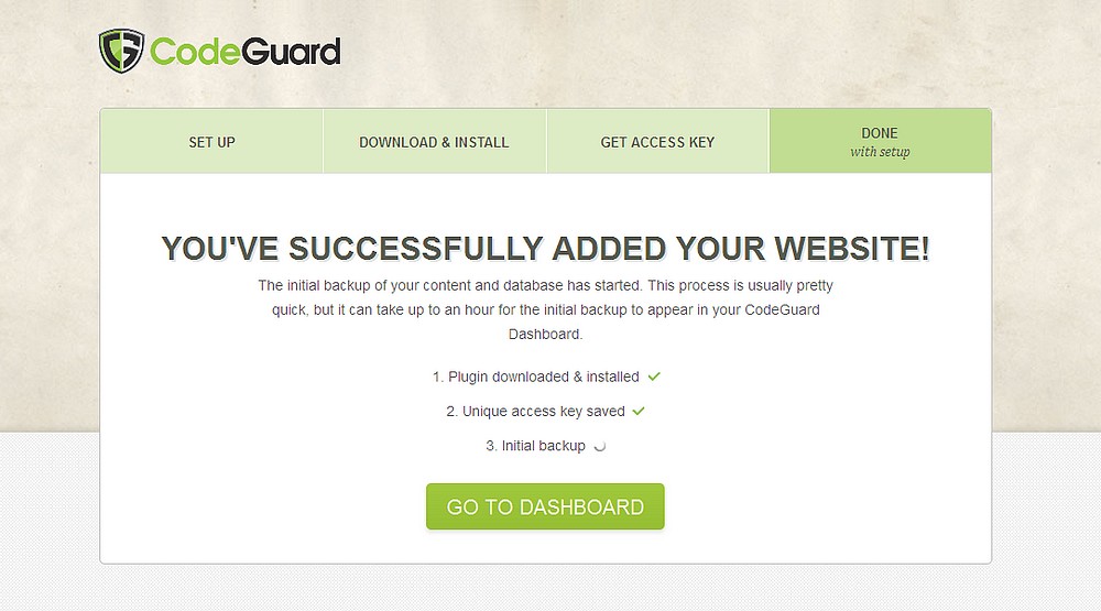 Screenshot of CodeGuard website setup complete screen