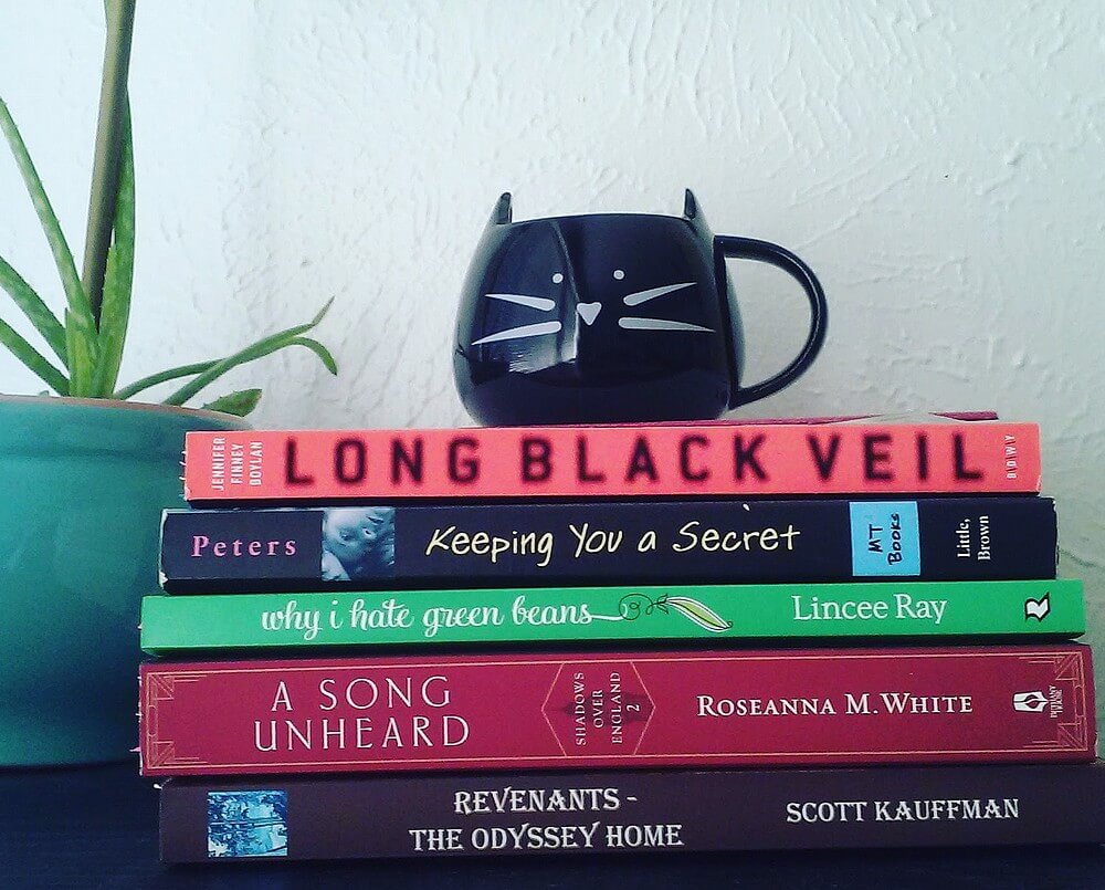 Photo of books ("Revenants: The Odyssey Home", "A Song Unheard", "Why I Hate Green Beans", "Keeping You a Secret", "Long Black Veil" atop each other, with a black cat mug on top of them; an aloe vera plant in a turquoise pot is to the side of them.