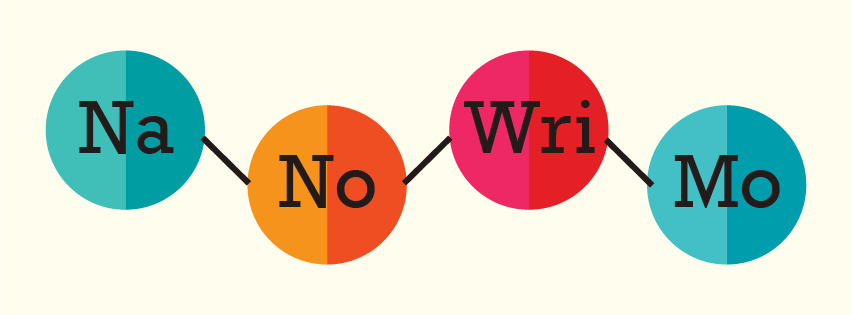 NaNoWriMo illustration; I don't know how to describe it, but each syllable of the acronym is in a two-tone circle, and they're connected to each other; it looks a bit sciencey