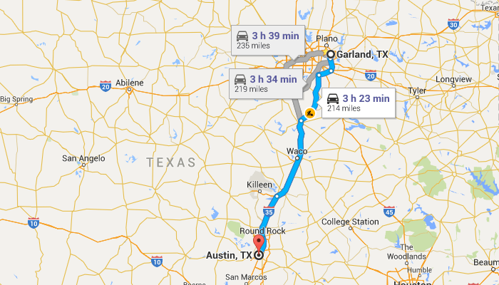 Garland, TX to Austin, TX map