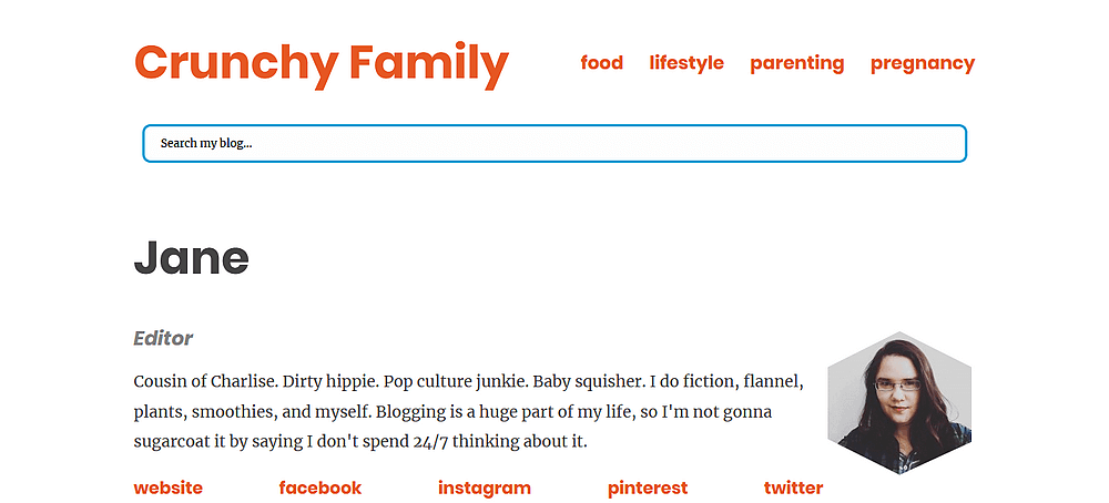Screenshot of author page; located at crunchyfamily.com/author/jane